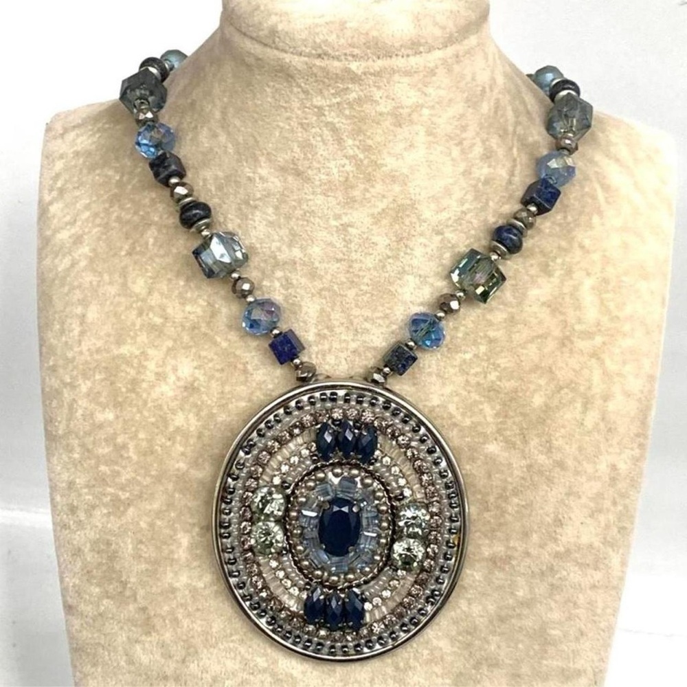 Chico's Blue Crystal Round Medallion Necklace
